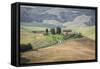 Green rolling hills and farm houses of Crete Senesi (Senese Clays), Province of Siena, Tuscany, Ita-Roberto Moiola-Framed Stretched Canvas