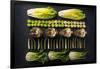 Green Vegetables Cut in Halves, Flat Lay Design on Dark Background, Symmetric-Marcin Jucha-Framed Photographic Print