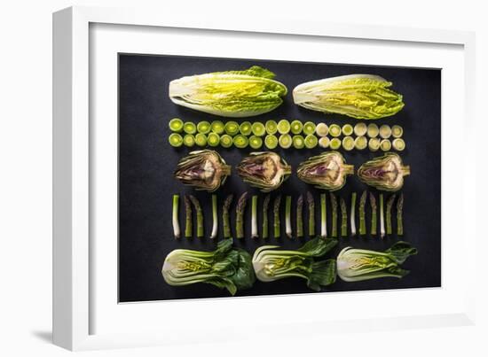 Green Vegetables Cut in Halves, Flat Lay Design on Dark Background, Symmetric-Marcin Jucha-Framed Photographic Print