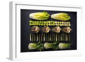 Green Vegetables Cut in Halves, Flat Lay Design on Dark Background, Symmetric-Marcin Jucha-Framed Photographic Print