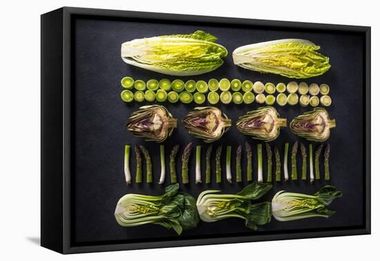 Green Vegetables Cut in Halves, Flat Lay Design on Dark Background, Symmetric-Marcin Jucha-Framed Stretched Canvas