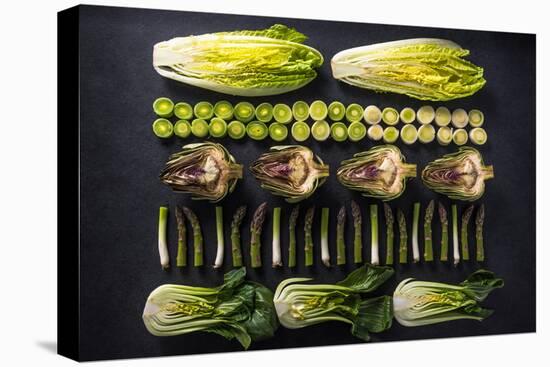 Green Vegetables Cut in Halves, Flat Lay Design on Dark Background, Symmetric-Marcin Jucha-Stretched Canvas