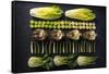 Green Vegetables Cut in Halves, Flat Lay Design on Dark Background, Symmetric-Marcin Jucha-Framed Stretched Canvas