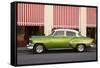 Green vintage American car parked in front of cafe, Cienfuegos, Cuba-Ed Hasler-Framed Stretched Canvas