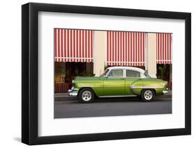 Green vintage American car parked in front of cafe, Cienfuegos, Cuba-Ed Hasler-Framed Photographic Print