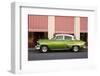 Green vintage American car parked in front of cafe, Cienfuegos, Cuba-Ed Hasler-Framed Photographic Print