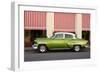 Green vintage American car parked in front of cafe, Cienfuegos, Cuba-Ed Hasler-Framed Photographic Print