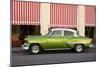 Green vintage American car parked in front of cafe, Cienfuegos, Cuba-Ed Hasler-Mounted Photographic Print