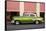 Green vintage American car parked in front of cafe, Cienfuegos, Cuba-Ed Hasler-Framed Stretched Canvas