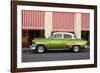 Green vintage American car parked in front of cafe, Cienfuegos, Cuba-Ed Hasler-Framed Photographic Print