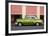 Green vintage American car parked in front of cafe, Cienfuegos, Cuba-Ed Hasler-Framed Photographic Print