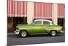 Green vintage American car parked in front of cafe, Cienfuegos, Cuba-Ed Hasler-Mounted Photographic Print