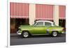 Green vintage American car parked in front of cafe, Cienfuegos, Cuba-Ed Hasler-Framed Photographic Print