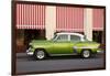 Green vintage American car parked in front of cafe, Cienfuegos, Cuba-Ed Hasler-Framed Photographic Print