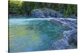 Green Waters of Sacred Dancing Cascade on McDonald Creek, Glacier NP-Michael Qualls-Stretched Canvas