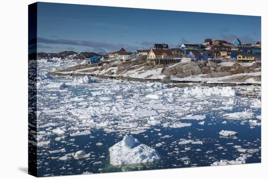 Greenland, Disko Bay, Ilulissat, Elevated Town View with Floating Ice-Walter Bibikow-Stretched Canvas