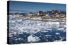 Greenland, Disko Bay, Ilulissat, Elevated Town View with Floating Ice-Walter Bibikow-Stretched Canvas