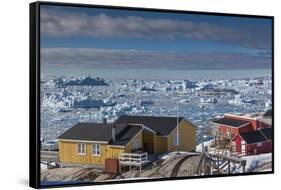 Greenland, Disko Bay, Ilulissat, Elevated Town View with Floating Ice-Walter Bibikow-Framed Stretched Canvas