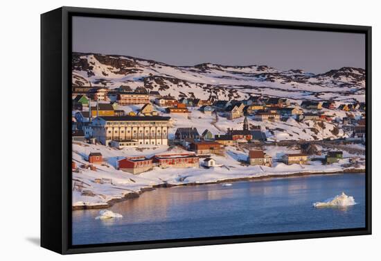 Greenland, Disko Bay, Ilulissat, Elevated Town View with Floating Ice-Walter Bibikow-Framed Stretched Canvas