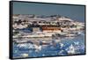 Greenland, Disko Bay, Ilulissat, Elevated Town View with Floating Ice-Walter Bibikow-Framed Stretched Canvas