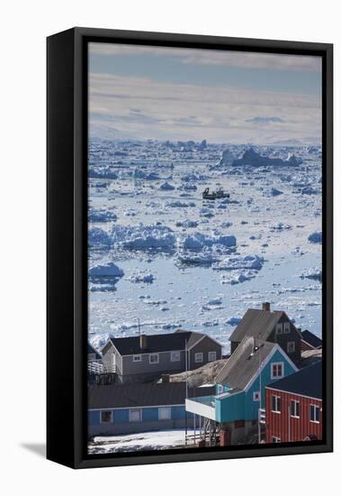 Greenland, Disko Bay, Ilulissat, Elevated View of Floating Ice and Fishing Boat-Walter Bibikow-Framed Stretched Canvas