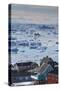 Greenland, Disko Bay, Ilulissat, Elevated View of Floating Ice and Fishing Boat-Walter Bibikow-Stretched Canvas