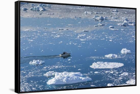 Greenland, Disko Bay, Ilulissat, Elevated View of Floating Ice and Fishing Boat-Walter Bibikow-Framed Stretched Canvas