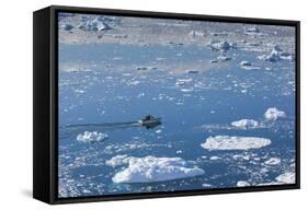 Greenland, Disko Bay, Ilulissat, Elevated View of Floating Ice and Fishing Boat-Walter Bibikow-Framed Stretched Canvas