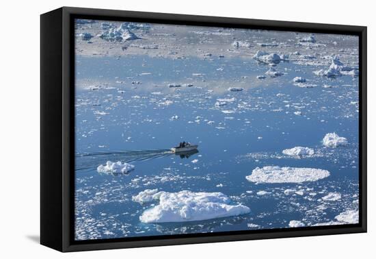 Greenland, Disko Bay, Ilulissat, Elevated View of Floating Ice and Fishing Boat-Walter Bibikow-Framed Stretched Canvas