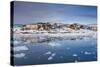 Greenland, Disko Bay, Ilulissat, Town View from Floating Ice, Sunset-Walter Bibikow-Stretched Canvas