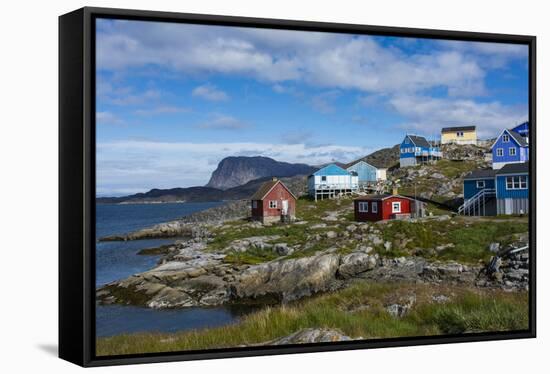 Greenland. Itilleq. Colorful houses dot the hillside.-Inger Hogstrom-Framed Stretched Canvas