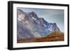 Greenland. Kong Oscar Fjord. Ella Island. Hiker dwarfed by rocky mountains.-Inger Hogstrom-Framed Photographic Print