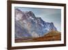 Greenland. Kong Oscar Fjord. Ella Island. Hiker dwarfed by rocky mountains.-Inger Hogstrom-Framed Photographic Print