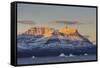 Greenland. Scoresby Sund. Gasefjord, Alpenglow on the mountain with iceberg.-Inger Hogstrom-Framed Stretched Canvas