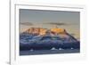 Greenland. Scoresby Sund. Gasefjord, Alpenglow on the mountain with iceberg.-Inger Hogstrom-Framed Photographic Print