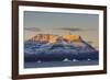 Greenland. Scoresby Sund. Gasefjord, Alpenglow on the mountain with iceberg.-Inger Hogstrom-Framed Photographic Print