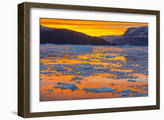 Greenland. Scoresby Sund. Gasefjord. Sunset with icebergs and brash ice.-Inger Hogstrom-Framed Photographic Print