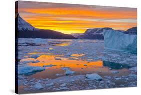 Greenland, Scoresby Sund, Gasefjord. Sunset with icebergs and brash ice.-Inger Hogstrom-Stretched Canvas