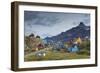 Greenland, Sisimiut. Nasaasaaq mountain towering above colorful Sisimiut.-Inger Hogstrom-Framed Photographic Print