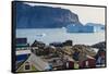 Greenland. Uummannaq. Colorful houses dot the rocky landscape.-Inger Hogstrom-Framed Stretched Canvas