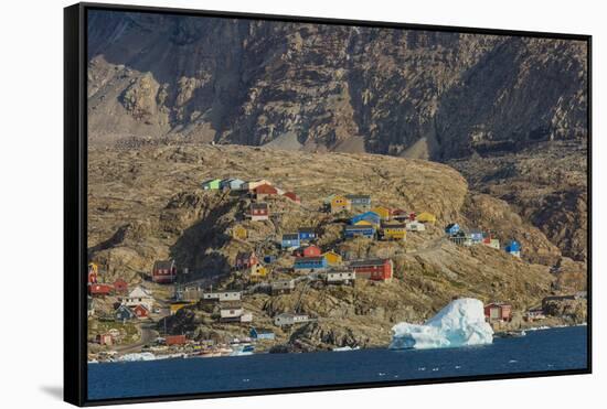 Greenland. Uummannaq. Colorful houses dot the rocky landscape.-Inger Hogstrom-Framed Stretched Canvas