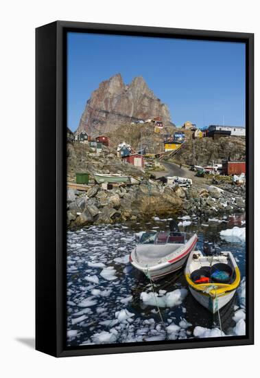 Greenland. Uummannaq. Ice fills the harbor.-Inger Hogstrom-Framed Stretched Canvas