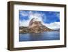 Greenland, Uummannaq. Uummannaq mountain (1170 m, 3839 ft) looms over the fishing village of Uumman-Miva Stock-Framed Photographic Print