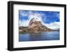 Greenland, Uummannaq. Uummannaq mountain (1170 m, 3839 ft) looms over the fishing village of Uumman-Miva Stock-Framed Photographic Print