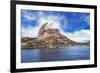 Greenland, Uummannaq. Uummannaq mountain (1170 m, 3839 ft) looms over the fishing village of Uumman-Miva Stock-Framed Photographic Print