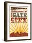 Greensboro, North Carolina - Skyline and Sunburst Screenprint Style-Lantern Press-Framed Art Print