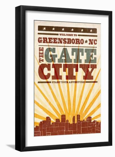 Greensboro, North Carolina - Skyline and Sunburst Screenprint Style-Lantern Press-Framed Art Print