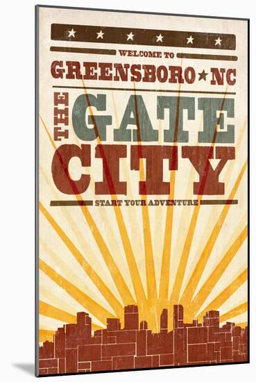 Greensboro, North Carolina - Skyline and Sunburst Screenprint Style-Lantern Press-Mounted Art Print