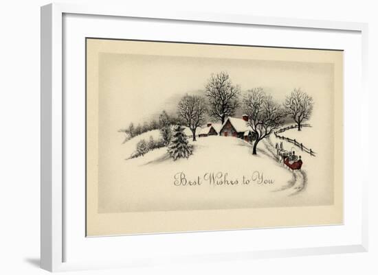 Greeting Card - Snow Covered House with Red Windows and a Red Carriage-null-Framed Art Print