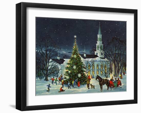 Greeting Card - White Church with Large Tree and People Surrounding-null-Framed Art Print